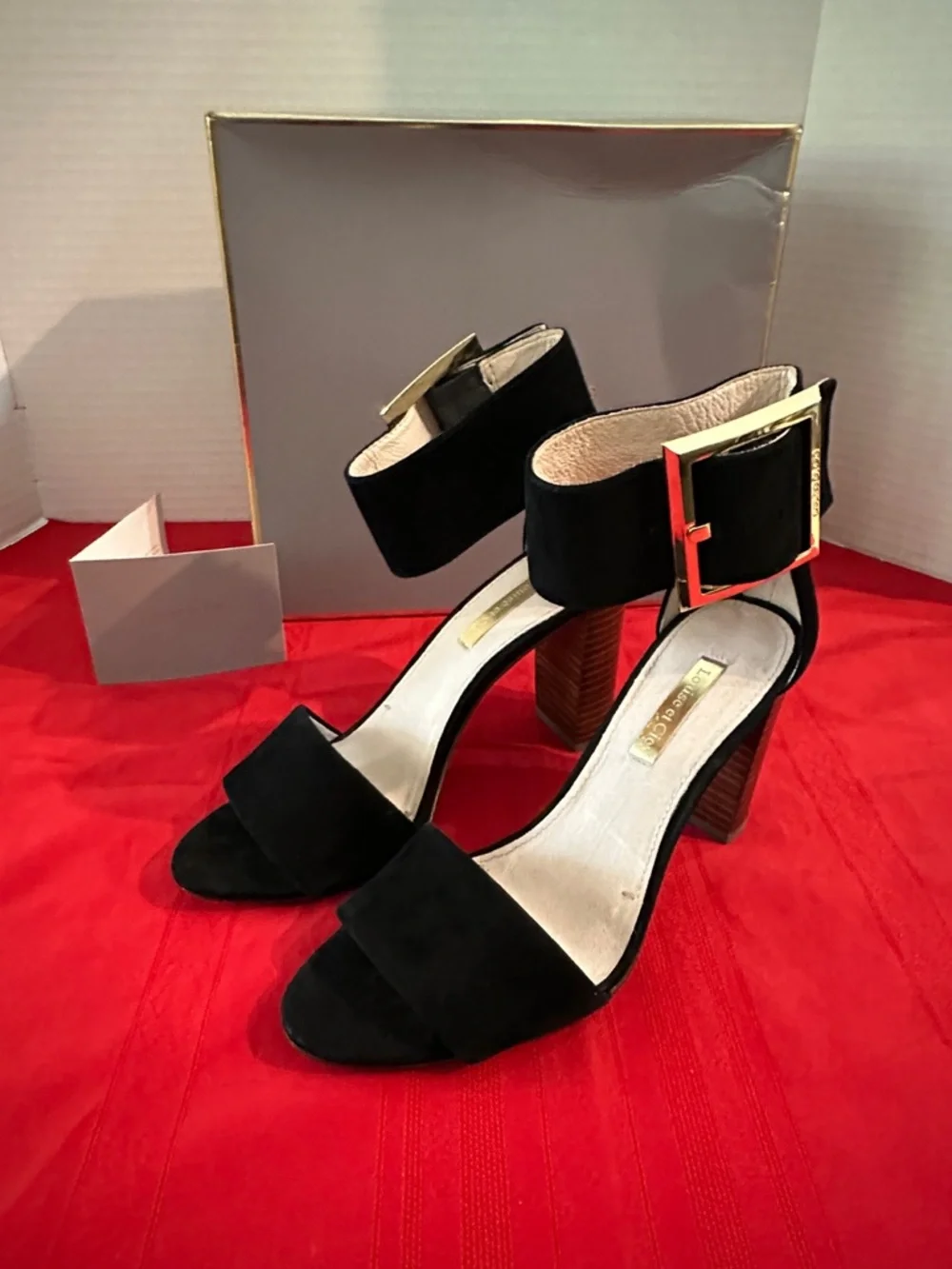 Louise et Cie Black Suede Ankle-Strap Block Heels with Gold Buckle Size 6